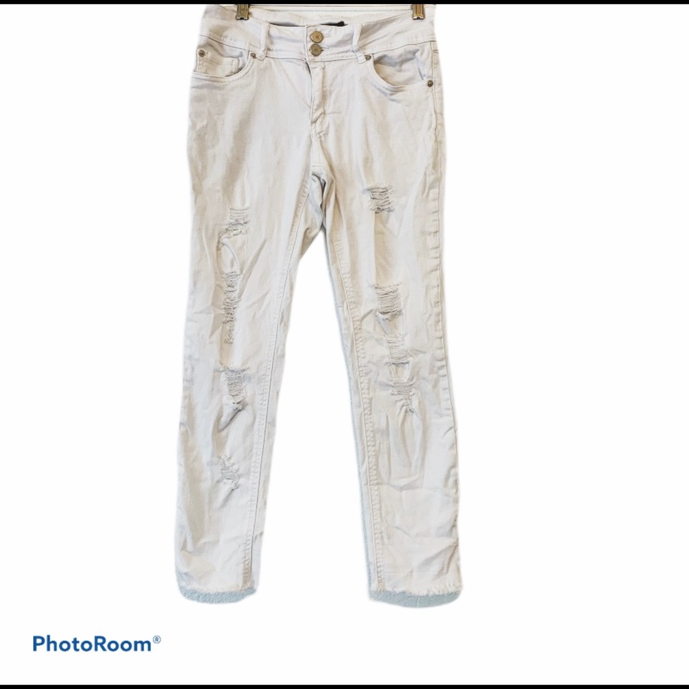 ASHLEY MASON WOMENS DENIM JEANS WHITE DISTRESSED FRAYED SKINNY STRETCH